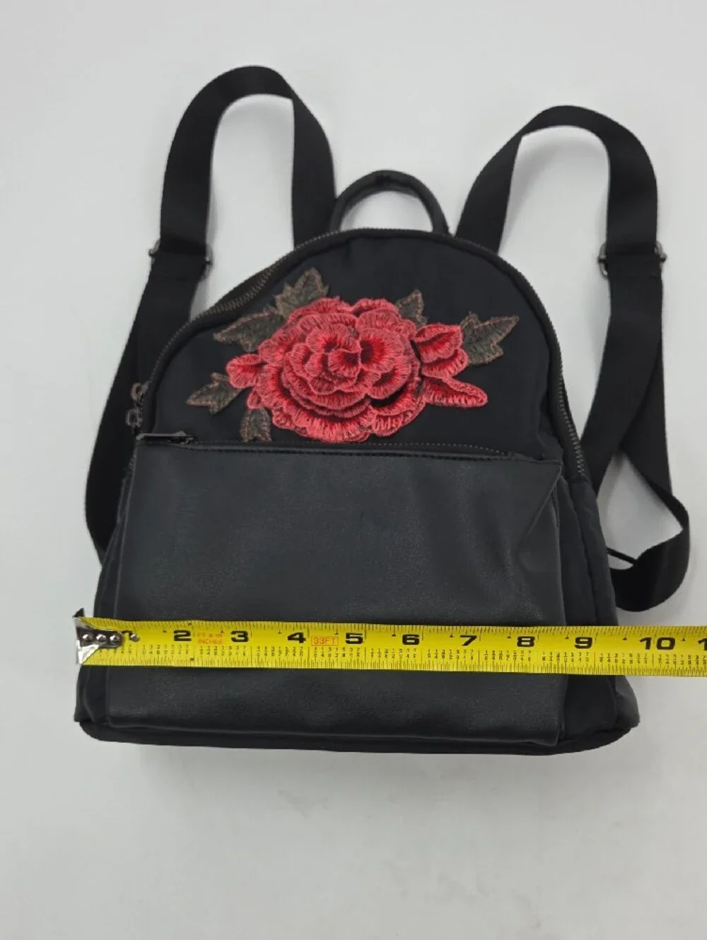 Black Women's Mini Backpack with Red Rose Embroidery
